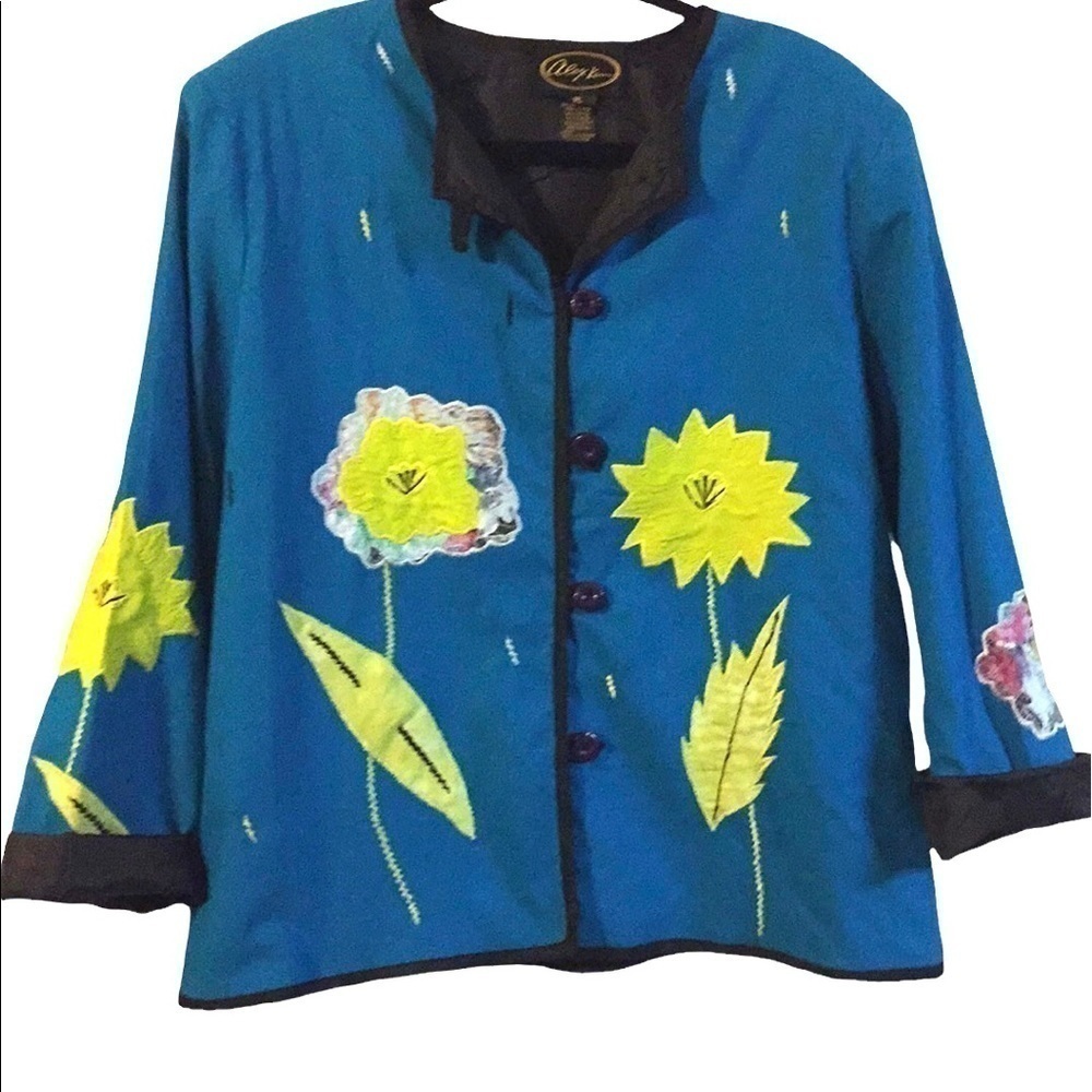 𝅺ALEX Kim lined open front blazer retro floral appliqués size large petite